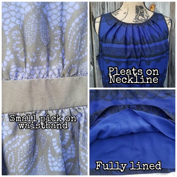 Lace Print Dress LOFT Size 10 Ann Taylor Blue Black Damask Stripe Sleeveless - Picture 5 of 8
